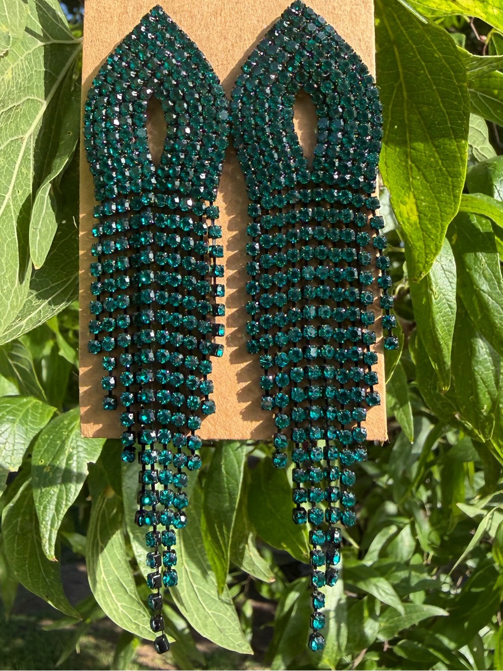 Emerald Green Rhinestone Crystal Fringe Drop Earrings for Women